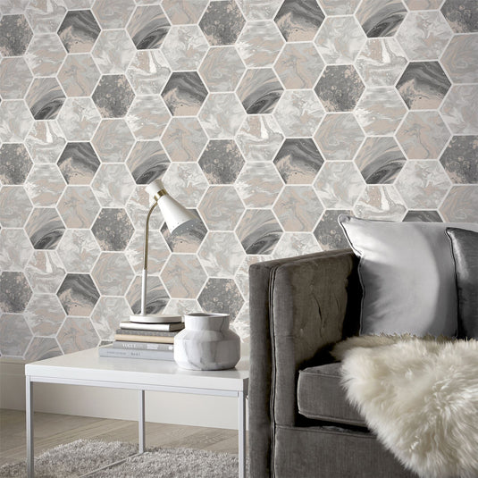 Marbled Hex Charcoal/Rose Gold Wallpaper sw12