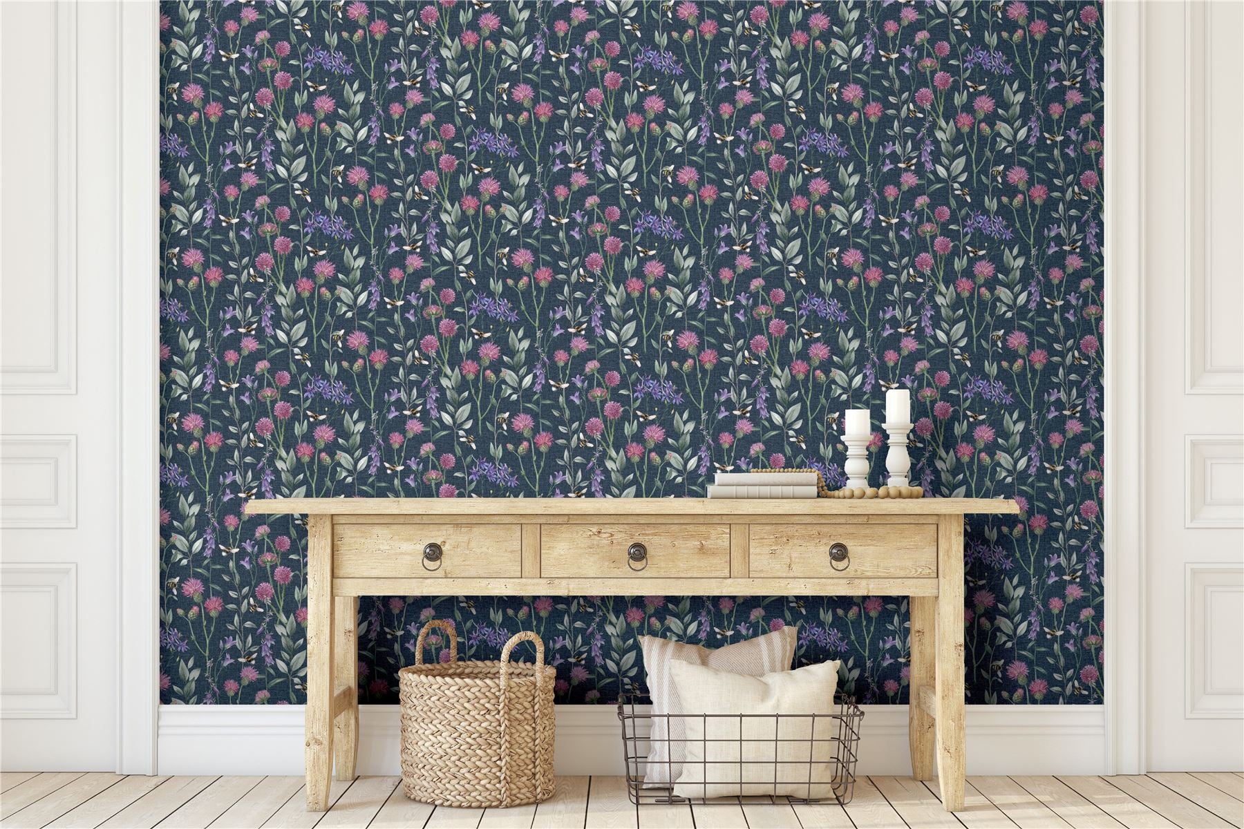 Bumblebee Meadow Navy Wallpaper