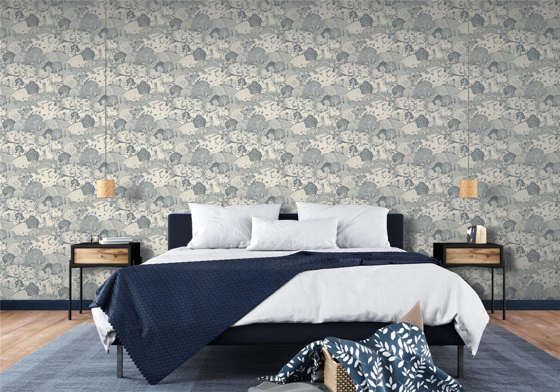 Country Landscape Navy Wallpaper