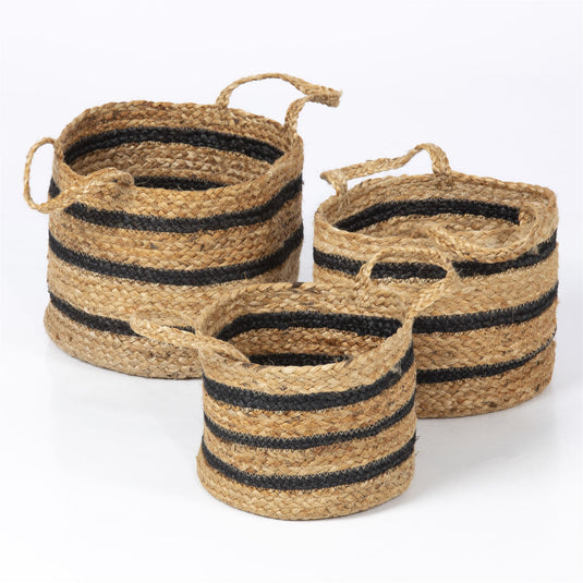 Barnsbury 100% Jute with Handle Black Stripe Set of 3 Baskets