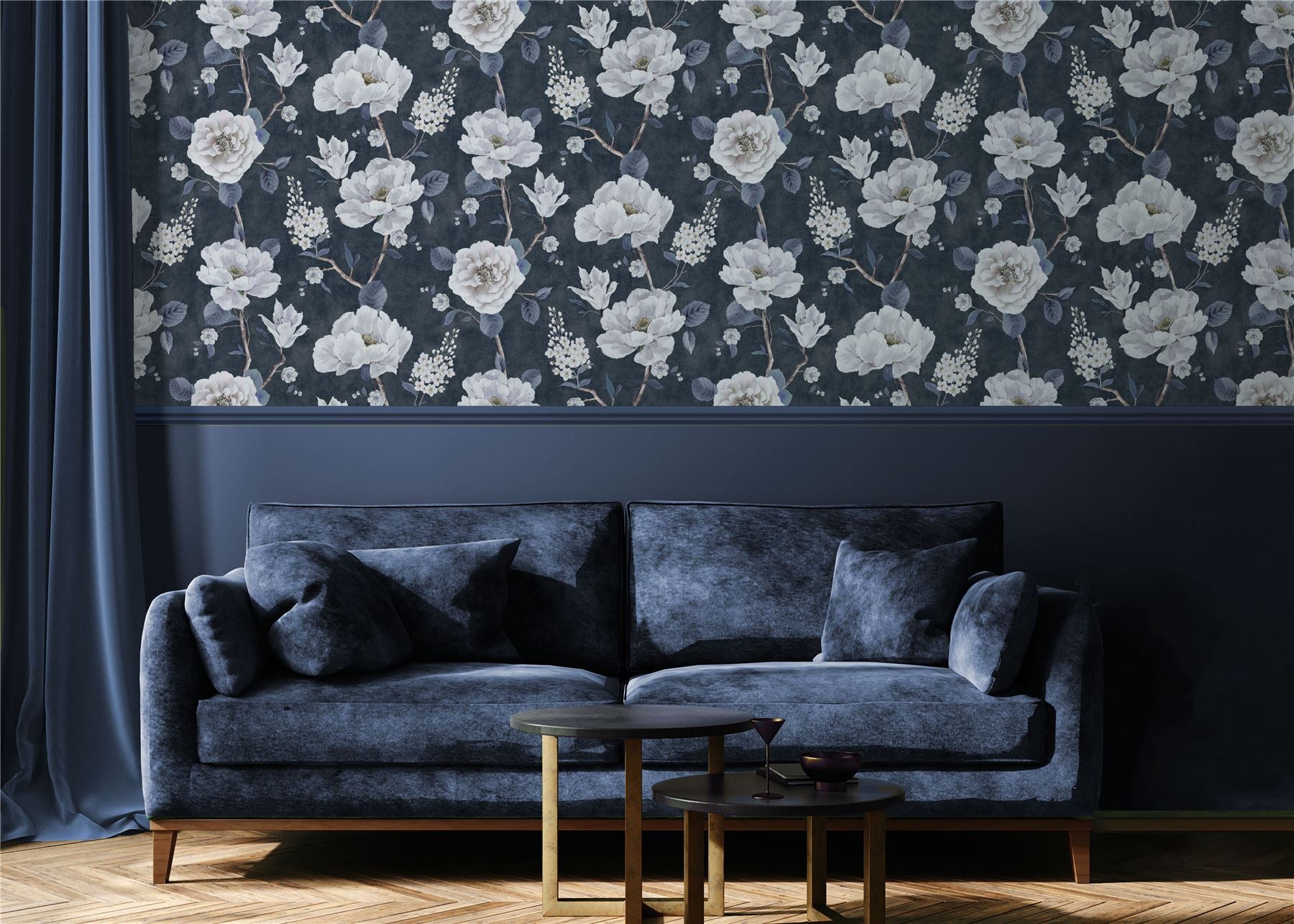 Ashley Floral Navy Wallpaper