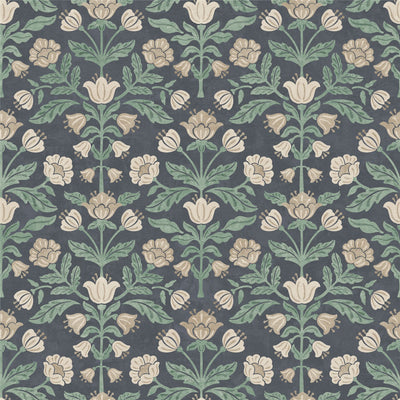 Modern Floral Damask Navy Wallpaper