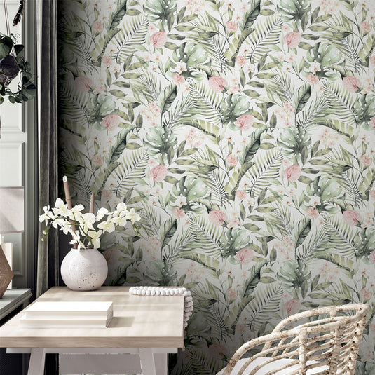 Tropical Floral Pink & Green Wallpaper