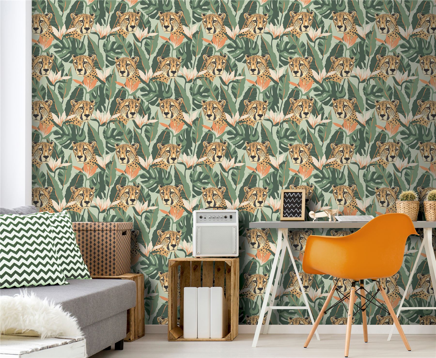Jungle Leopard Light Green Wallpaper