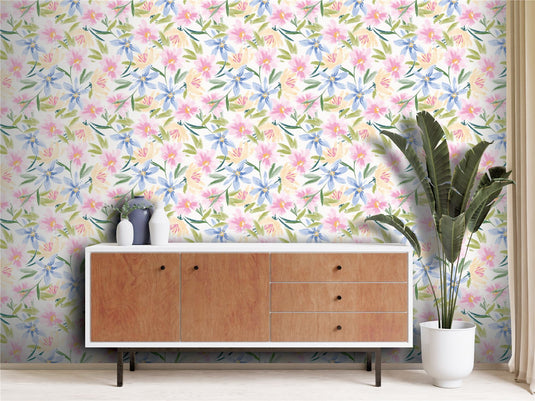 Watercolour Floral White Wallpaper