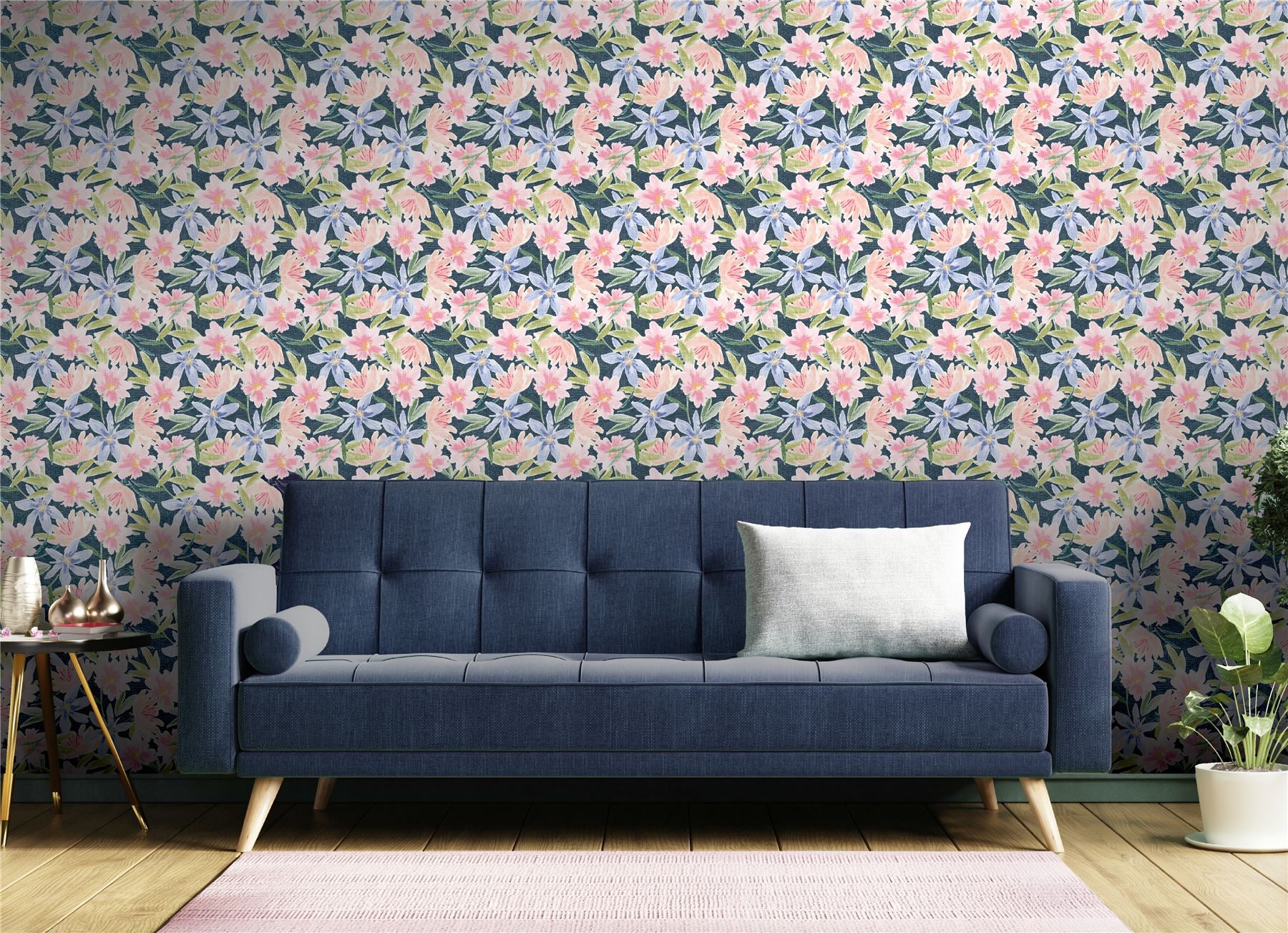 Watercolour Floral Navy Wallpaper