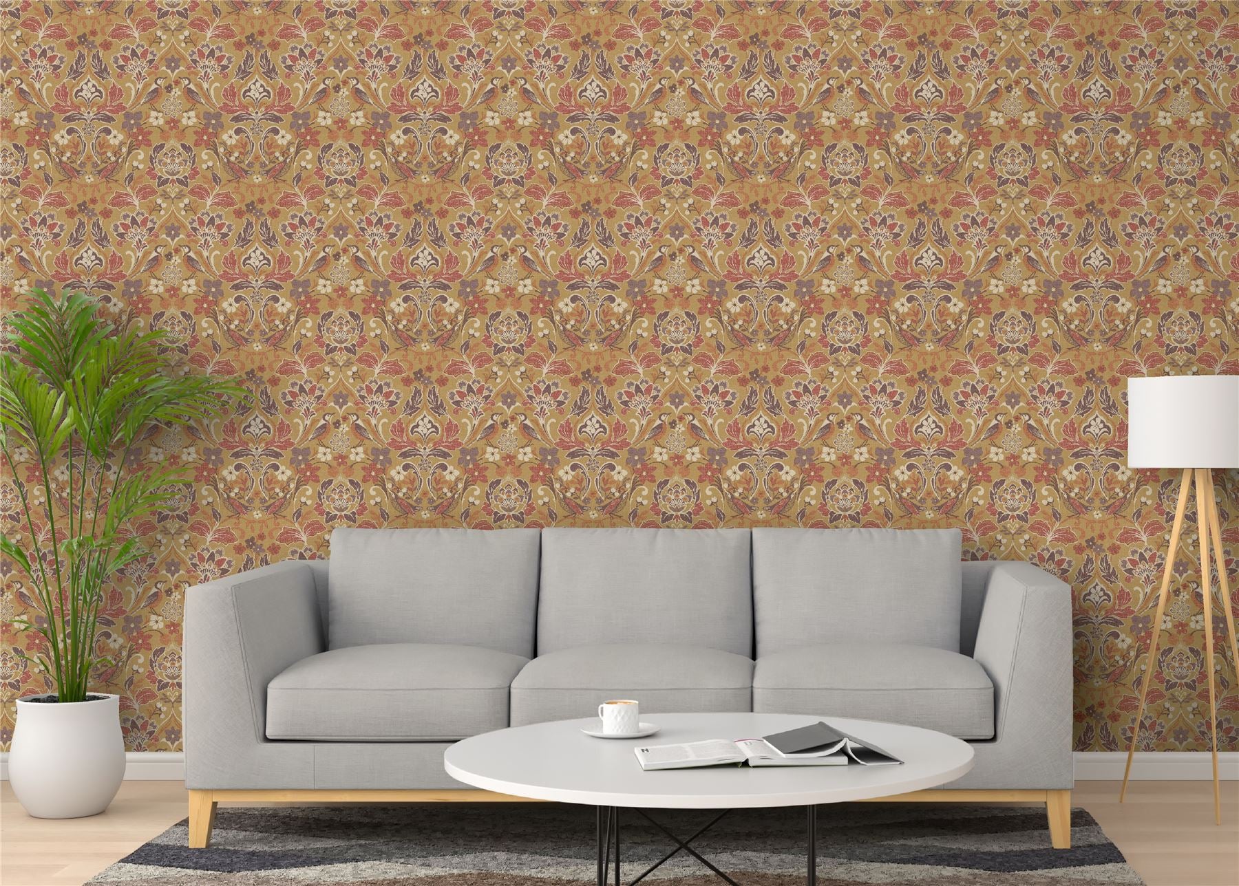 Folk Floral Ochre Wallpaper