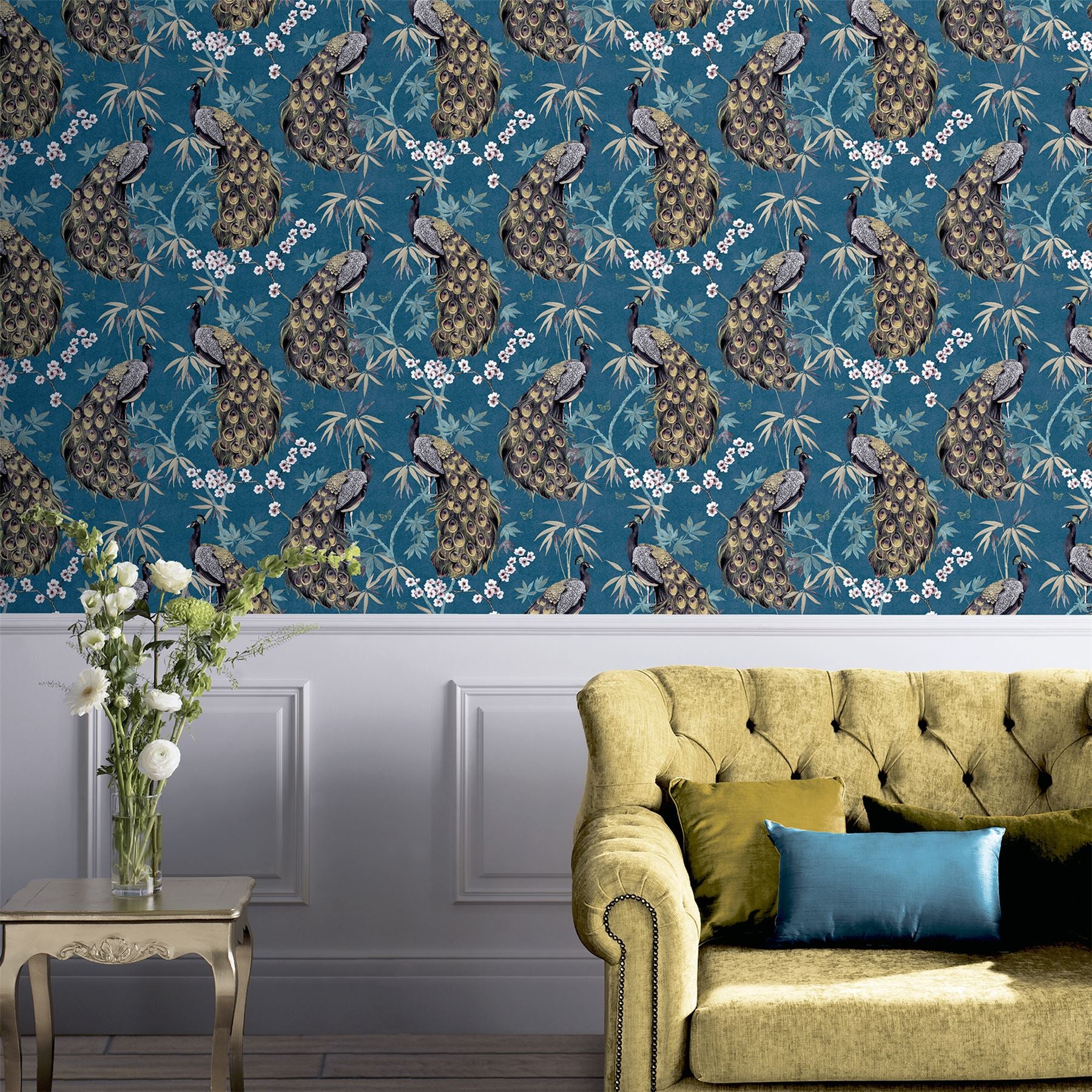 Opulent Peacock Teal & Gold Wallpaper sw12