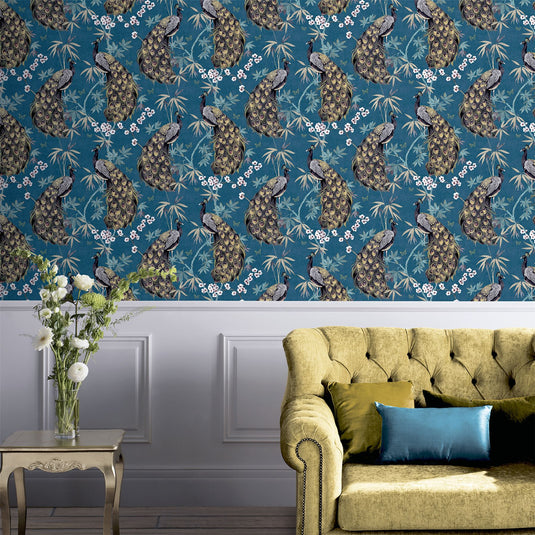 Opulent Peacock Teal & Gold Wallpaper sw12