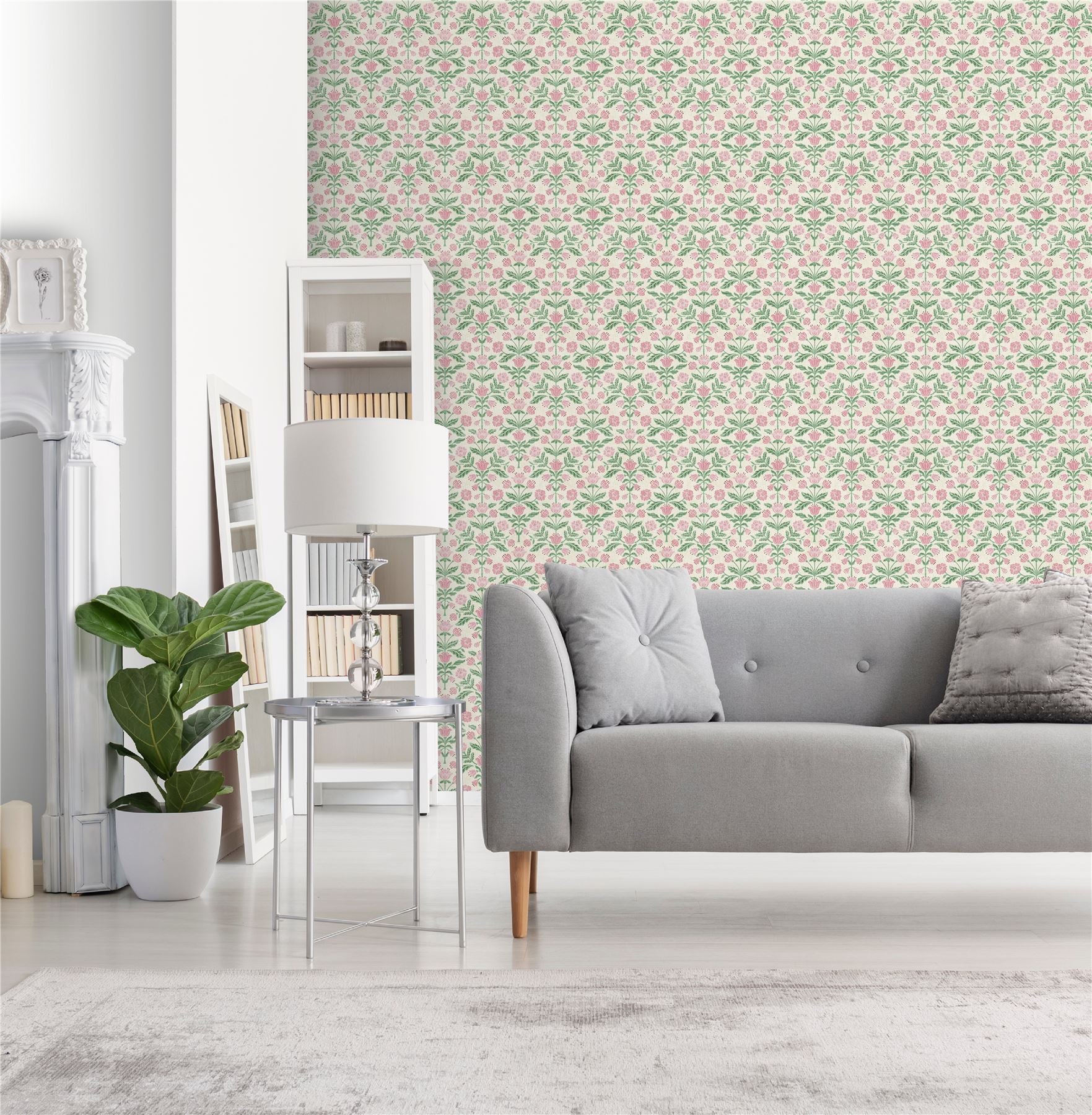 Modern Floral Damask Green / Pink Wallpaper