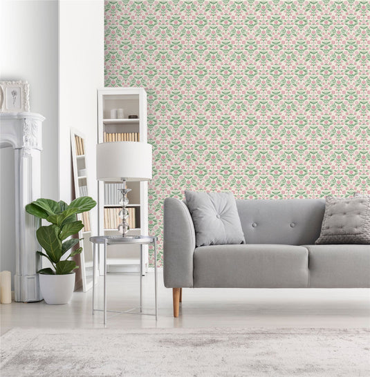 Modern Floral Damask Green / Pink Wallpaper