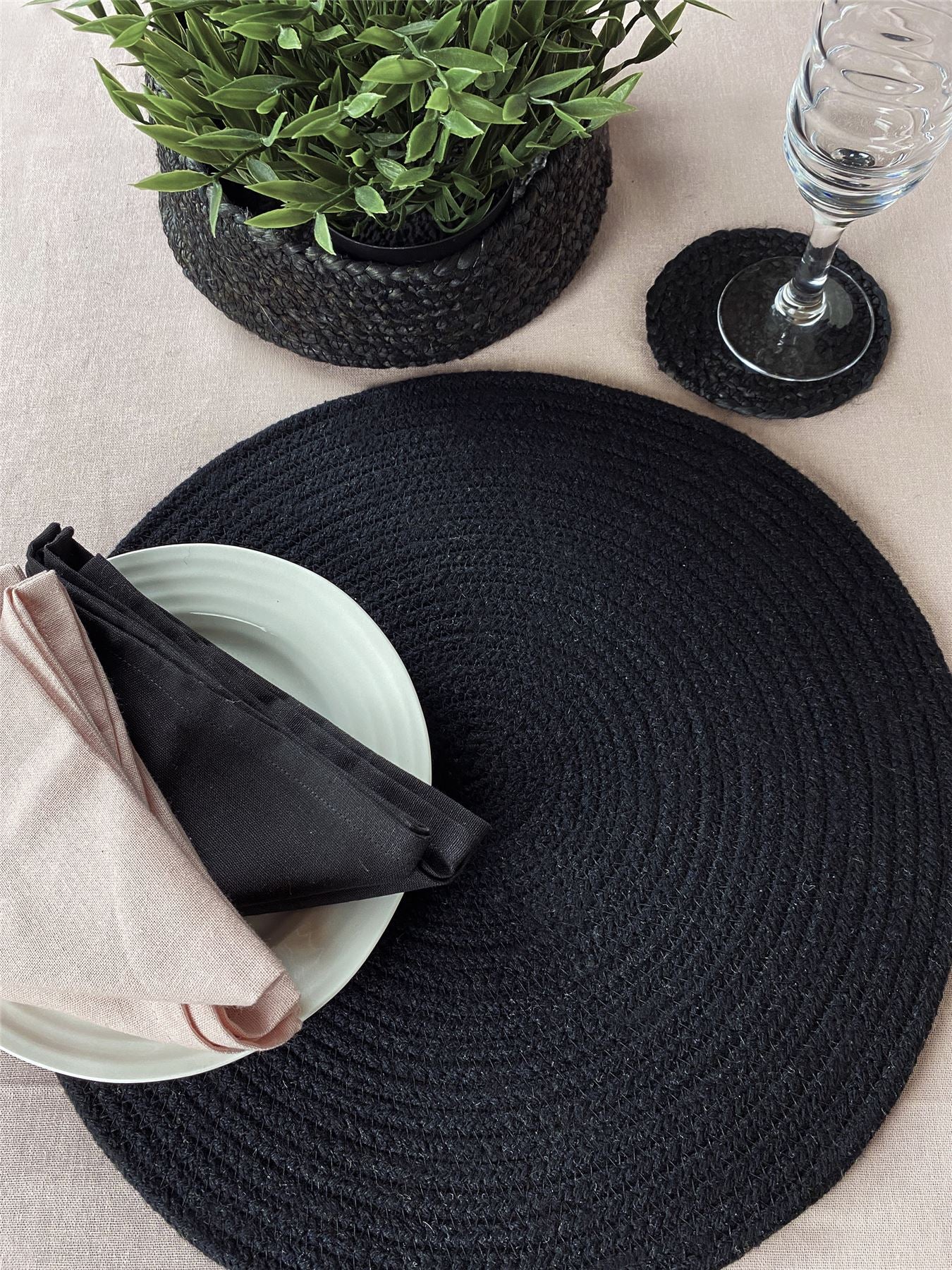Tweed  Round Cotton 38cm Black Set of 2 Placemats