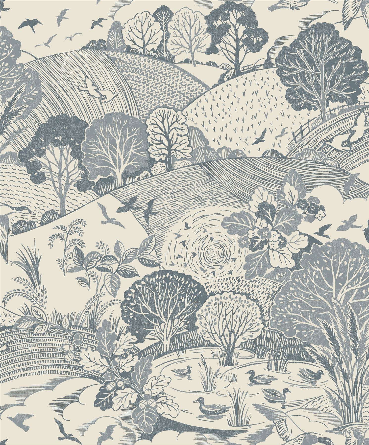 Country Landscape Navy Wallpaper