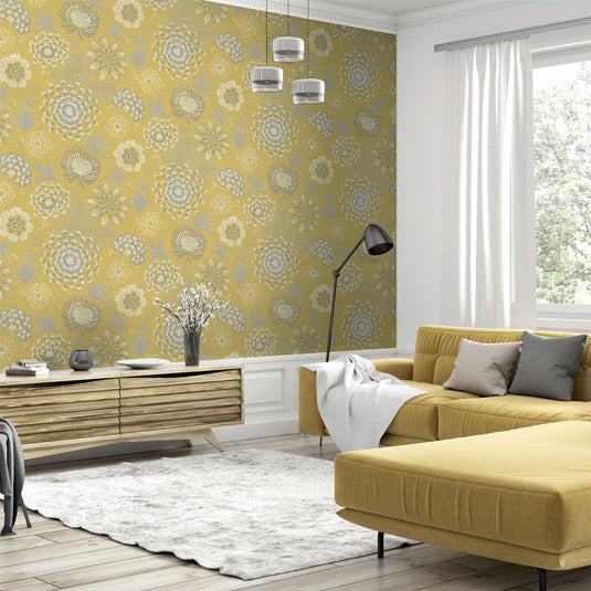 Vintage Bloom Mustard Yellow Wallpaper