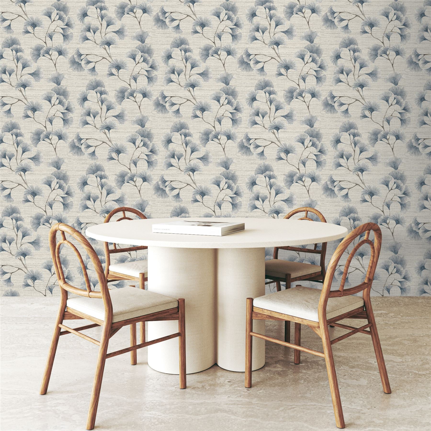 Ginkgo Leaf Trail Blue/Grey Wallpaper