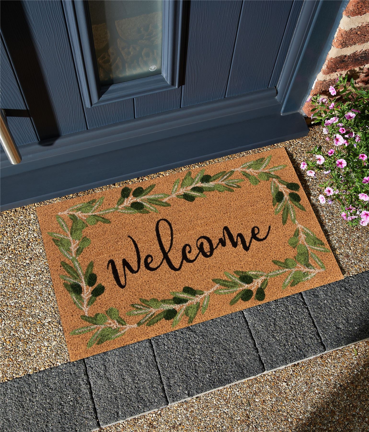 Astley Branch/Welcome Coir 45x75cm Olive Doormat