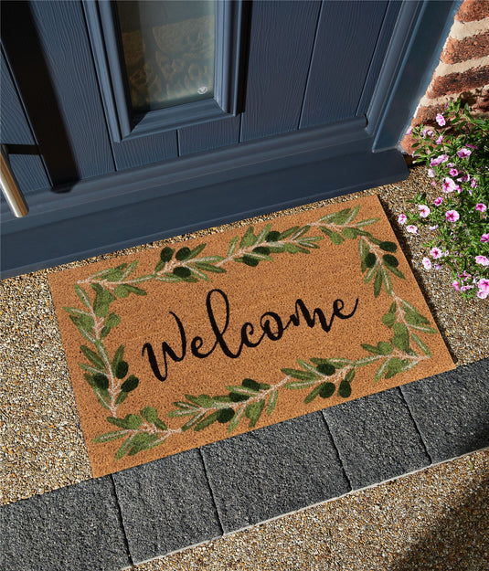 Astley Branch/Welcome Coir 45x75cm Olive Doormat